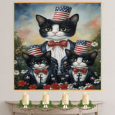 Mother Tuxedo Cat and Two Kittens in Patriotic Uncle Sam Outfits with American Flags and Red Bow Ties in Garden Setting on Ready to Hang 1.5" Thick Canvas Wrap, Floating Framed Canvas, Flat Rolled Canvas